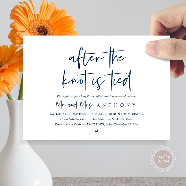 Invitation Après le noeud noué, Heureusement toujours après B (After The Knot Is Tied, Post Wedding Brunch Invitation Card, PDF, Modern Script, Navy Blue)