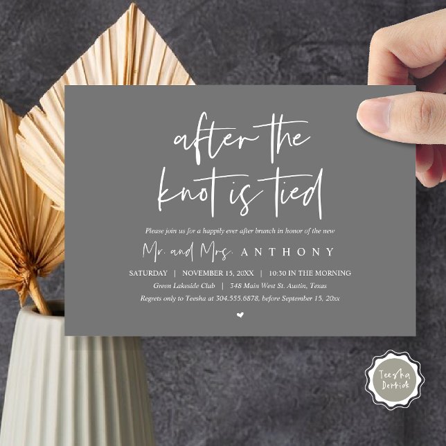 Invitation Après le noeud noué, Heureusement toujours après B (After The Knot Is Tied, Post Wedding Brunch Invitation Card, PDF, Modern Script, Dark Grey)