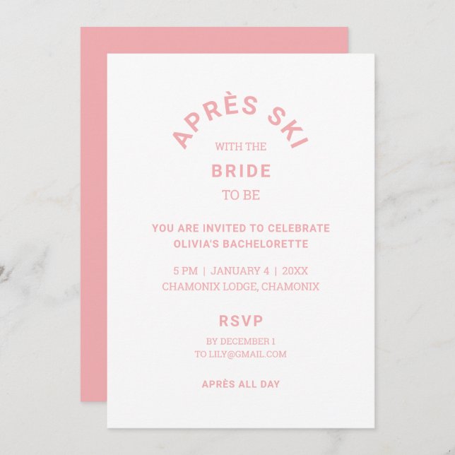 Invitation Après le ski avec la mariée à être rose Bacheloret (Devant / Derrière)