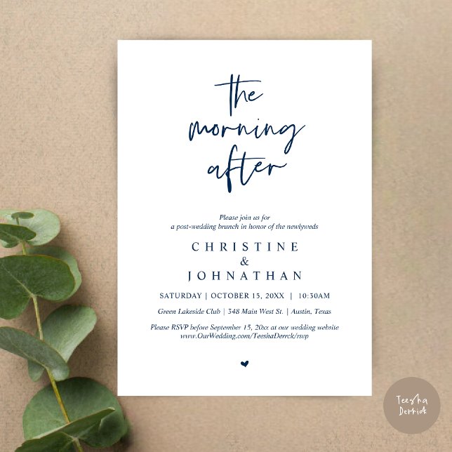 Invitation Après-midi, Brunch Mariage de la Poste moderne (The Morning After, Modern Post wedding brunch invitation card, PDF, in Navy Blue)