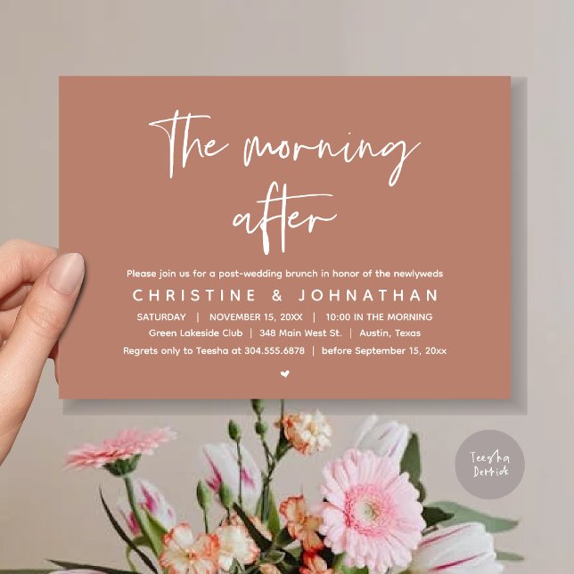 Invitation Après-midi, Brunch Mariage de la Poste moderne (Thanks a brunch, The Morning After, post wedding celebration invitation card, PDF, Terracotta Brown)