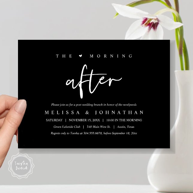 Invitation Après-midi, Post Mariage Brunch Célébration (The Morning After, Post Modern Wedding Brunch Invitation Card, PDF. in Classy Black)