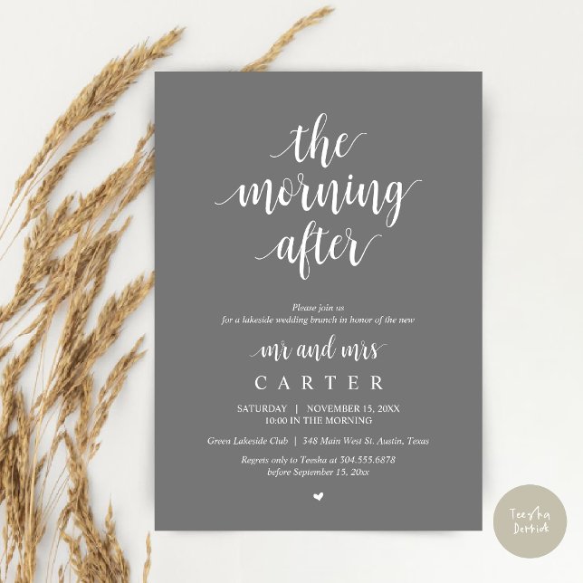 Invitation Après-midi, Post mariage Brunch Célébration (The Morning After, Modern Post Wedding Brunch Celebration Invitation Card, PDF, in Dark Grey)