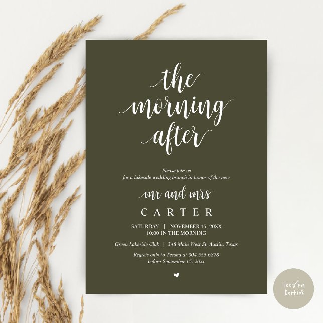 Invitation Après-midi, Post mariage Brunch Célébration (The Morning After, Modern Post Wedding Brunch Celebration Invitation Card, PDF, in Olive Green)