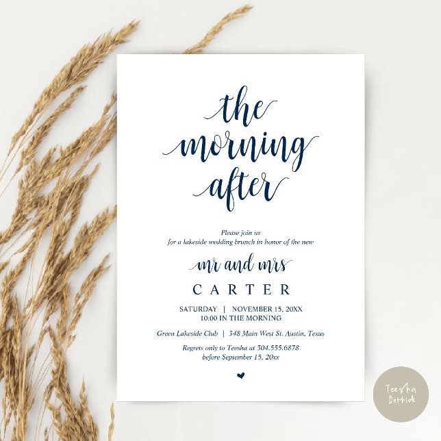 Invitation Après-midi, Post mariage Brunch Célébration (The Morning After, Modern Post Wedding Brunch Celebration Invitation Card, PDF, in Navy Blue)