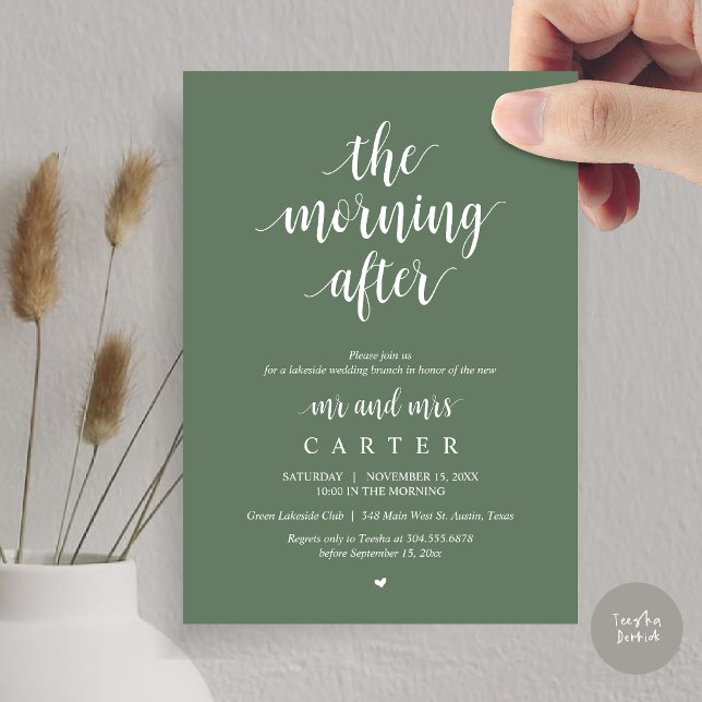Invitation Après-midi, Post mariage Brunch Célébration (The Morning After, Modern Post Wedding Brunch Celebration Invitation Card, PDF, in Forest Sage Green)