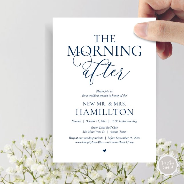 Invitation Après-midi, Post mariage Brunch Célébration (The Morning After, Modern Post wedding Brunch Lunch Celebration Invitation Card, PDF, navy Blue)
