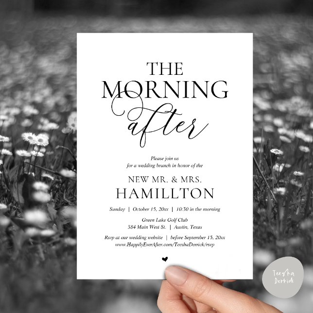 Invitation Après-midi, Post mariage Brunch Célébration (The Morning After, Modern Post wedding Brunch Lunch Celebration Invitation Card, PDF, White Black)