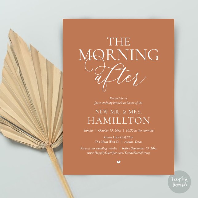 Invitation Après-midi, Post mariage Brunch Célébration (The Morning After, Modern Post wedding Brunch Lunch Celebration Invitation Card, PDF, Copper Brown)