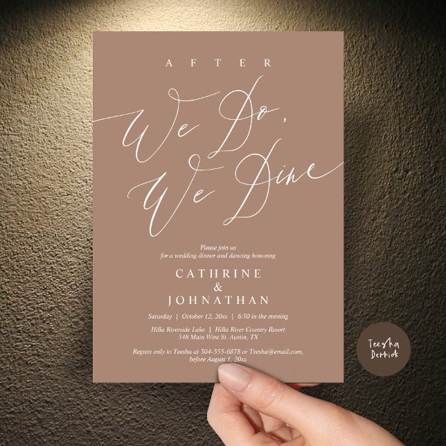 Invitation Après, nous dînons, Dîner Mariage et Danser (After we do, we dine, Modern Romance Wedding Dinner and Dancing Invitation Card, PDF, in Warm Taupe)