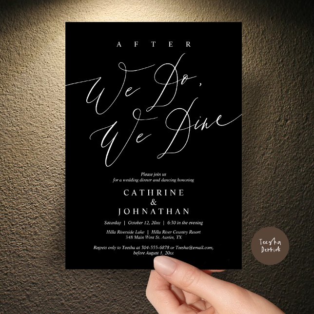 Invitation Après, nous dînons, Dîner Mariage et Danser (After we do, we dine, Modern Romance Wedding Dinner and Dancing Invitation Card, PDF, in Black)