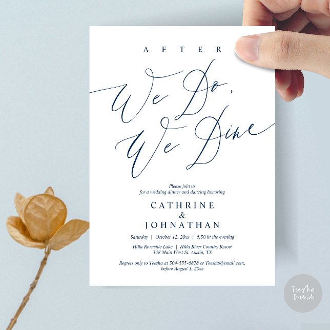 Invitation Après, nous dînons, Dîner Mariage et Danser (After we do, we dine, Modern Romance Wedding Dinner and Dancing Invitation Card, PDF, in Navy Blue)
