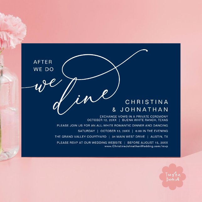 Invitation Après, Nous Dînons, Dîner Romantique Mariage (After We Do We Dine Romantic Wedding Dinner Party Invitation Card Modern Boho PDF Classy Navy Blue)