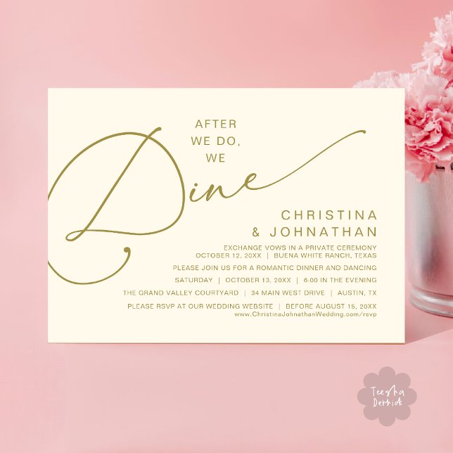 Invitation Après, Nous Dînons, Dîner Romantique Mariage (After We Do We Dine Romantic Wedding Dinner Party Invitation Card Modern Boho PDF Classy Yellow Gold)