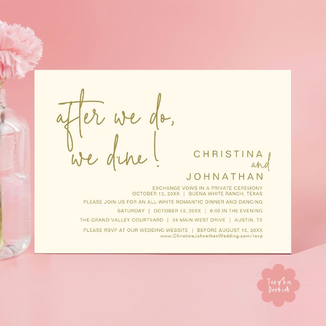Invitation Après, Nous Dînons, Dîner Romantique Mariage (After We Do We Dine Romantic Wedding Dinner Party Invitation Card Modern Boho PDF Classy Yellow Gold)