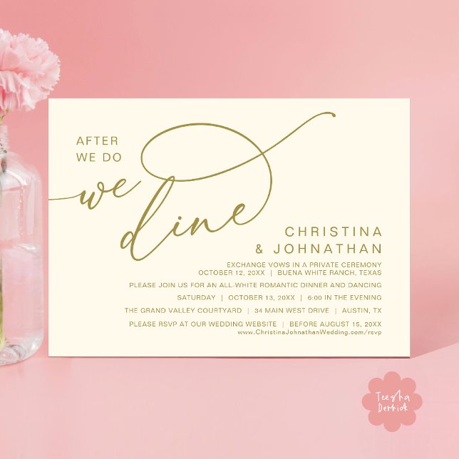 Invitation Après, Nous Dînons, Dîner Romantique Mariage (After We Do We Dine Romantic Wedding Dinner Party Invitation Card Modern Boho PDF Classy Yellow Gold)