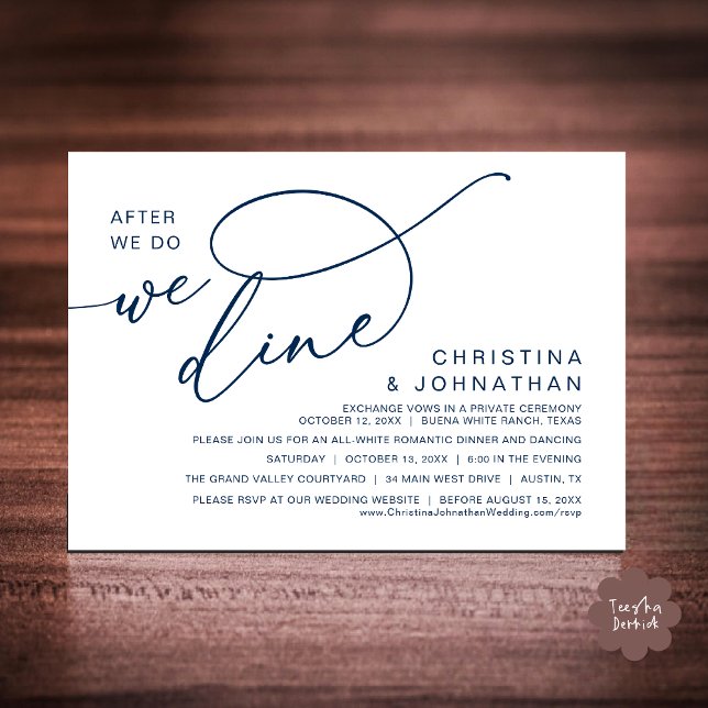 Invitation Après, Nous Dînons, Dîner Romantique Mariage (After We Do We Dine Romantic Wedding Dinner Party Invitation Card Modern Boho PDF Classy Navy Blue)