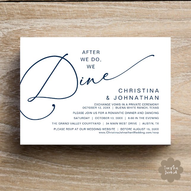 Invitation Après, Nous Dînons, Dîner Romantique Mariage (After We Do We Dine Romantic Wedding Dinner Party Invitation Card Modern Boho PDF Classy Navy Blue)