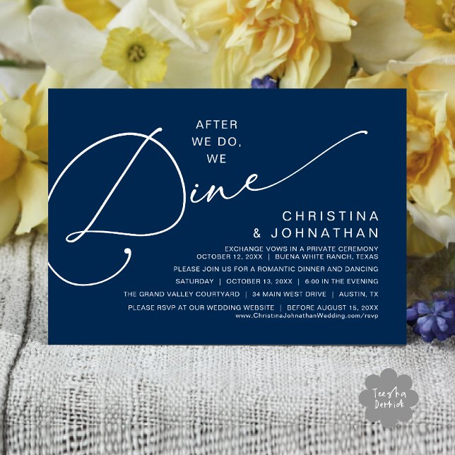 Invitation Après, Nous Dînons, Dîner Romantique Mariage (After We Do We Dine Romantic Wedding Dinner Party Invitation Card Modern Boho PDF Classy Navy Blue)