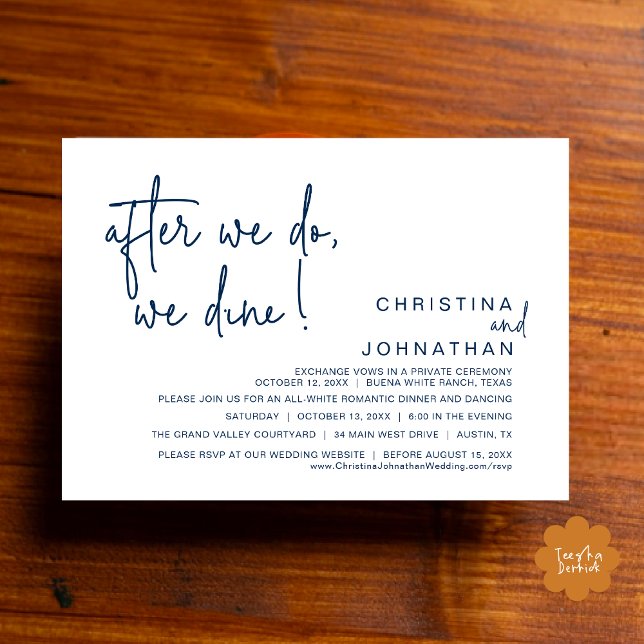 Invitation Après, Nous Dînons, Dîner Romantique Mariage (After We Do We Dine Romantic Wedding Dinner Party Invitation Card Modern Boho PDF Classy Navy Blue)