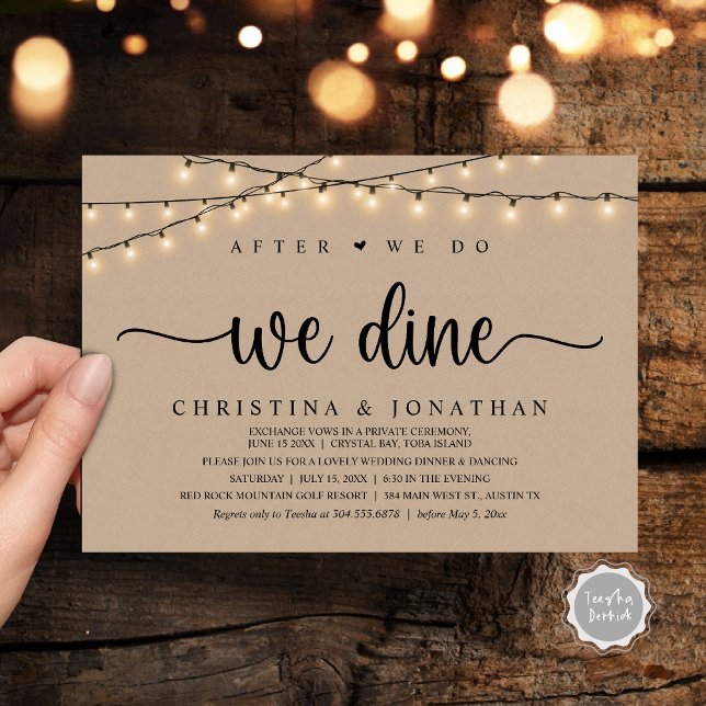Invitation Après, Nous Dînons, Dîner Russe Mariage (After We Do, We Dine, Rustic Wedding Dinner Party Invitation Card, PDF, String Lights Brown Kraft)