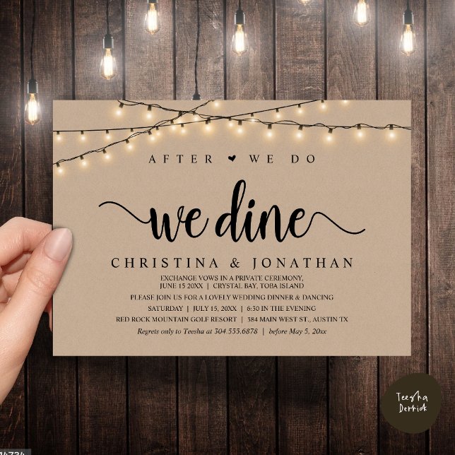 Invitation Après, Nous Dînons, Dîner Russe Mariage (After We Do, We Dine, Rustic Wedding Dinner Invitation Card, PDF, String Lights Brown Kraft)