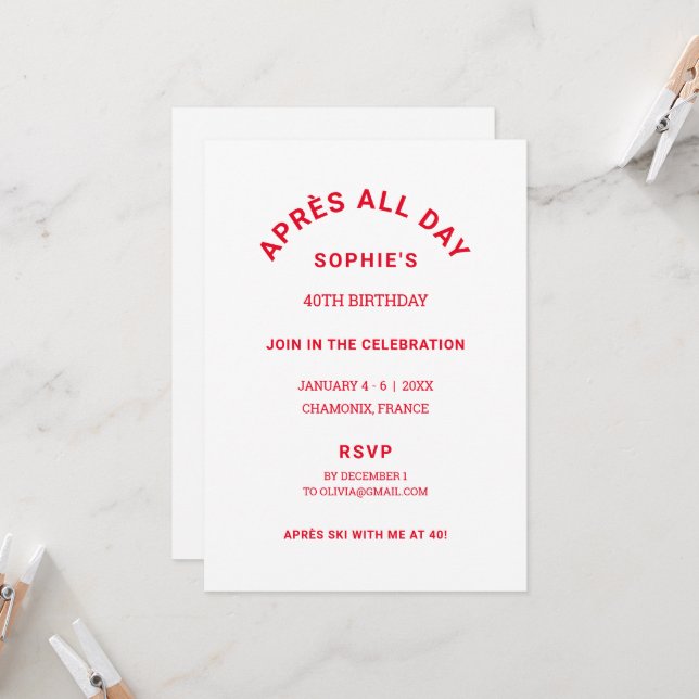 Invitation Après toute la journée Winter Red 40TH Birthday Sk (Devant/Arrière en situation)