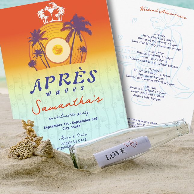 Invitation Après Waves Rétro Vinyle Côte Bachelorette (Après Waves Retro Vinyl Coastal Tropical Beach Island Destination Bachelorette Party Invitation)