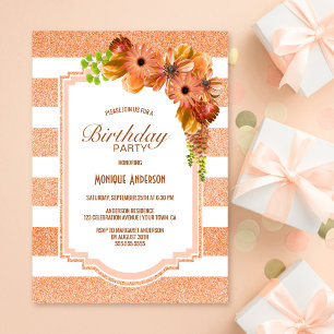 Invitation Apricot Fête d'Anniversaire Florale Gratée