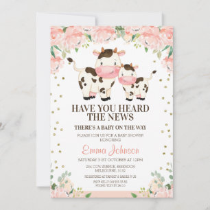 Invitation Apricot Floral Heures Nouvelles Baby shower Vache