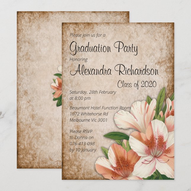 Invitation Apricot Lilies Graduation Vintage (Devant / Derrière)