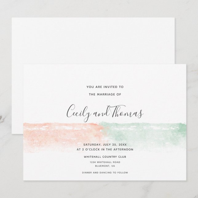 Invitation Apricot moderne simple et aquarelle verte (Devant / Derrière)