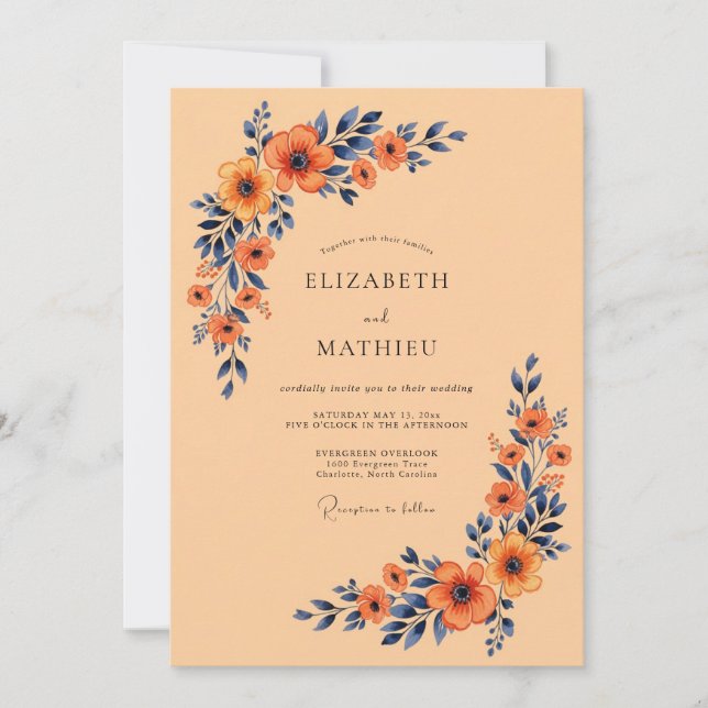 Invitation Apricot Navy Blue Distinctive Autumnal Wedding (Devant)