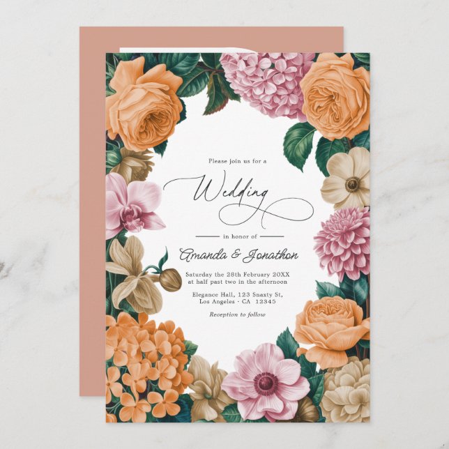 Invitation Apricot Nectar, Peony Pink & Warm Sand Wedding (Devant / Derrière)