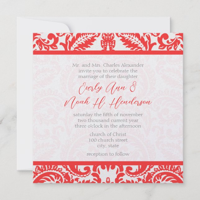 Invitation Apricot Snapdragon Coral Damask Grey Mariage vert (Devant)