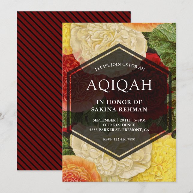 Invitation Aqeeqah géométrique vintage Floral | Aqiqah (Devant / Derrière)