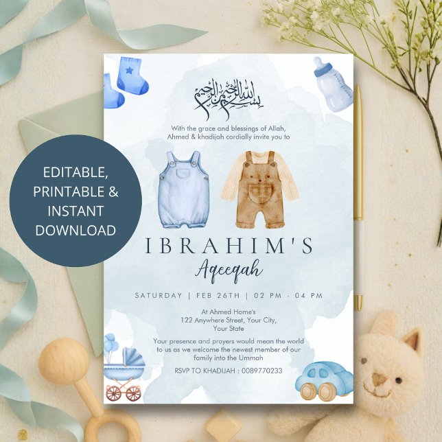 Invitation Aqeeqah pour bébé garçon à l'aquarelle  (Créateur téléchargé)