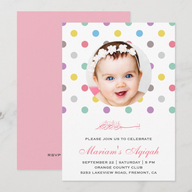 Invitation Aqiqah Bébé Fille à Points Colorés (Devant / Derrière)