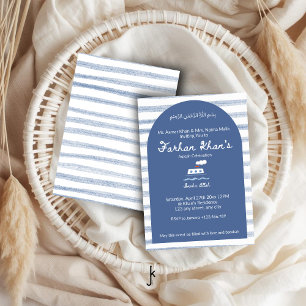 Invitation Aqiqah bébé garçon rayé bleu marine blanc
