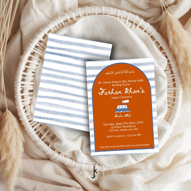 Invitation Aqiqah bébé garçon rayure côtière nautique orange (Créateur téléchargé)