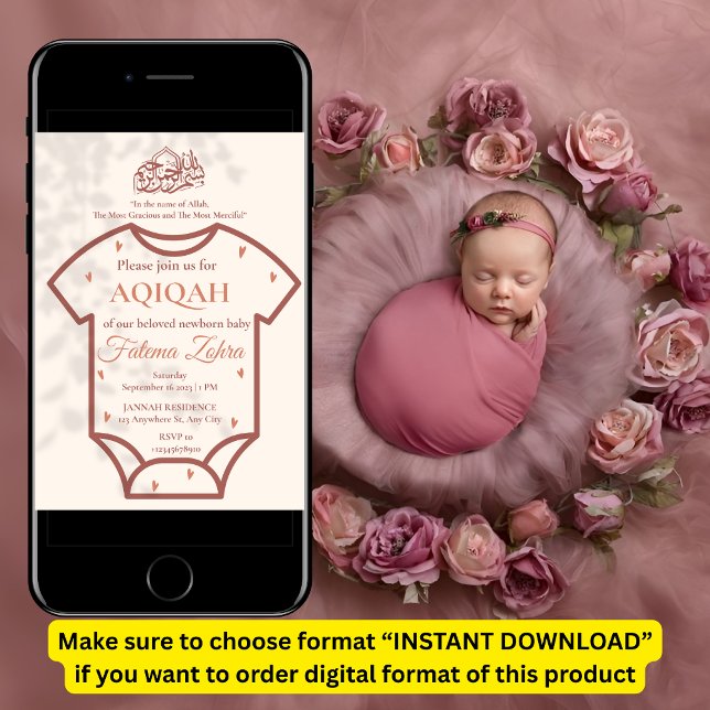 Invitation Aqiqah Body bébé fille rose musulman islamique (Créateur téléchargé)