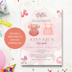 Invitation Aqiqah Fille Islamique Rose Aquarelle Élégante 