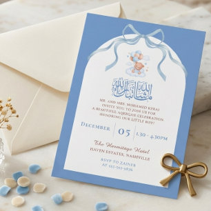 Invitation Aqiqah islamique bleue pour bébé garçon