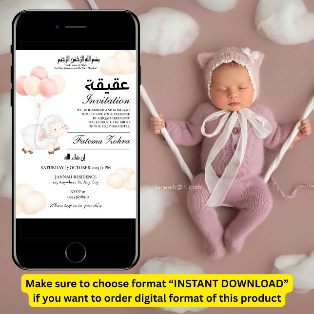 Invitation Aqiqah mignon mouton rose Balloon bébé fille musul (Créateur téléchargé)