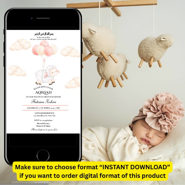 Invitation Aqiqah mignon mouton rose Balloon bébé fille musul (Créateur téléchargé)