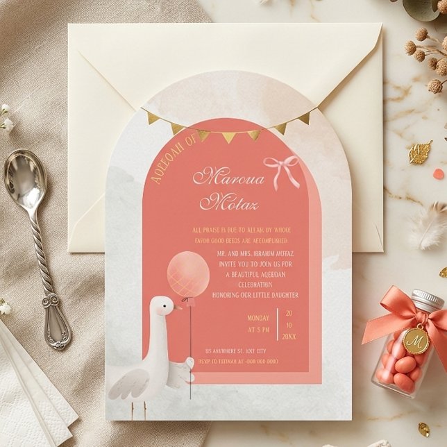 Invitation Aqiqah modifiable pour bébé fille | Arc Forme Mign (Créateur téléchargé)