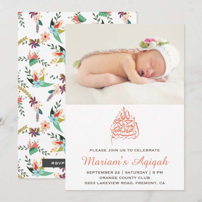 Invitation Aqiqah pour bébé fille aux fleurs de pê (Devant / Derrière)
