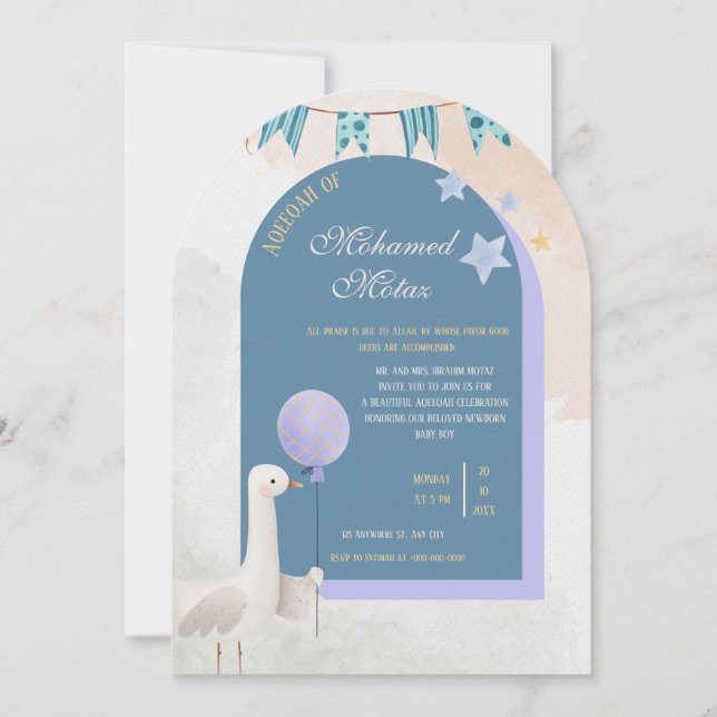 Invitation Aqiqah pour bébé garçon  Arche bleue mo (Devant)