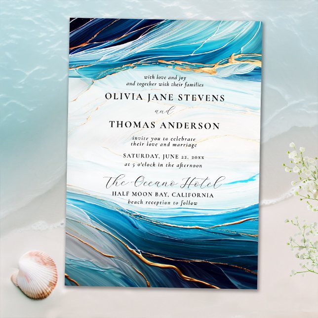 Invitation Aqua Abstrait moderne Gold Ocean Wave Beach Weddin (Créateur téléchargé)