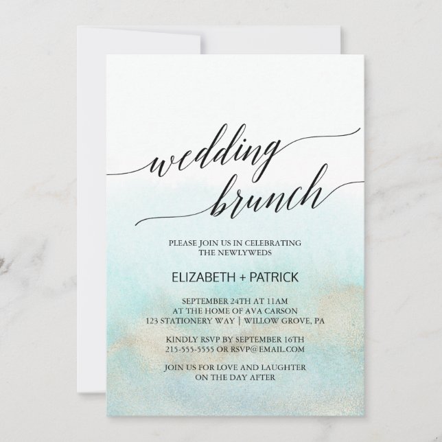 Invitation Aqua and Gold Watercolor Beach Brunch de mariage (Devant)